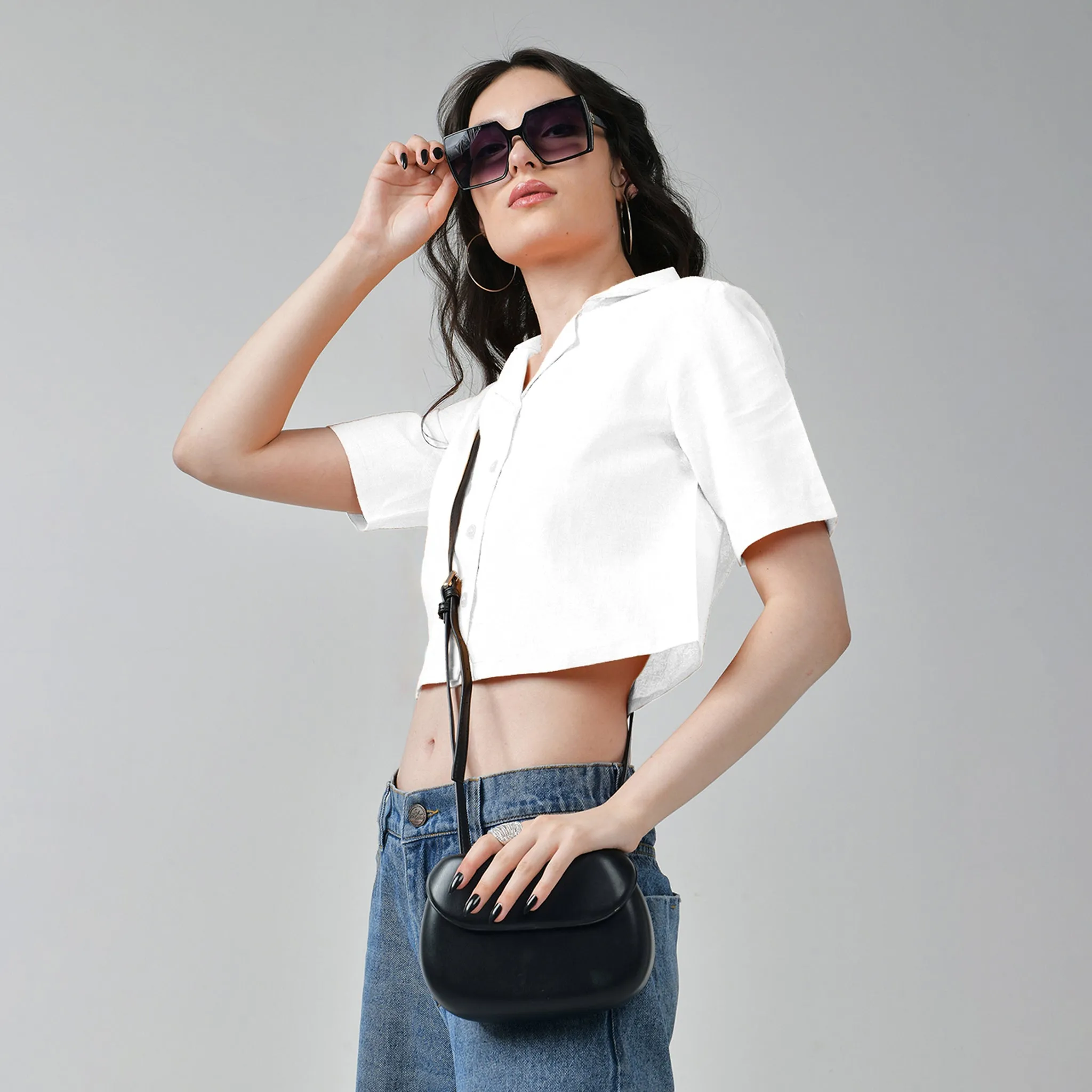 Baggy Jeans  & White Crop Linen Shirts For Women