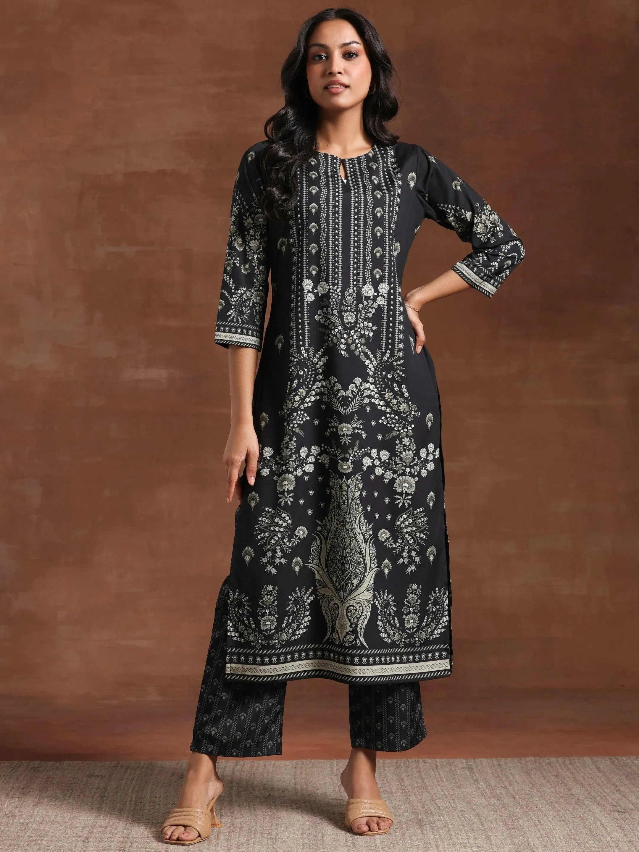 Black Printed Crepe Straight Kurta Set