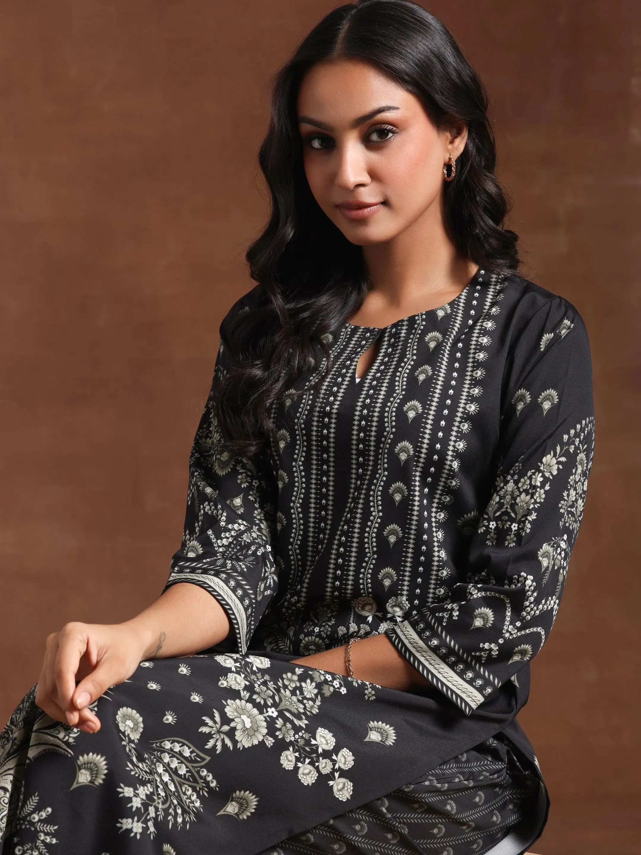 Black Printed Crepe Straight Kurta Set