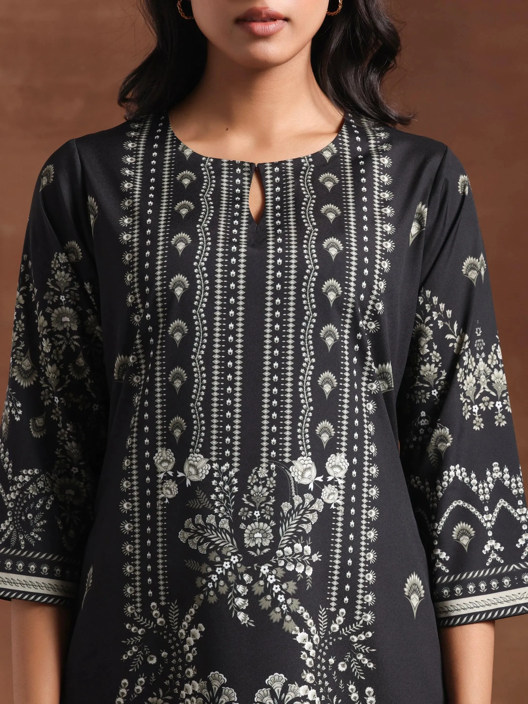 Black Printed Crepe Straight Kurta Set