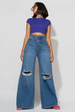 Blue Distressed Wide Flare Jeans