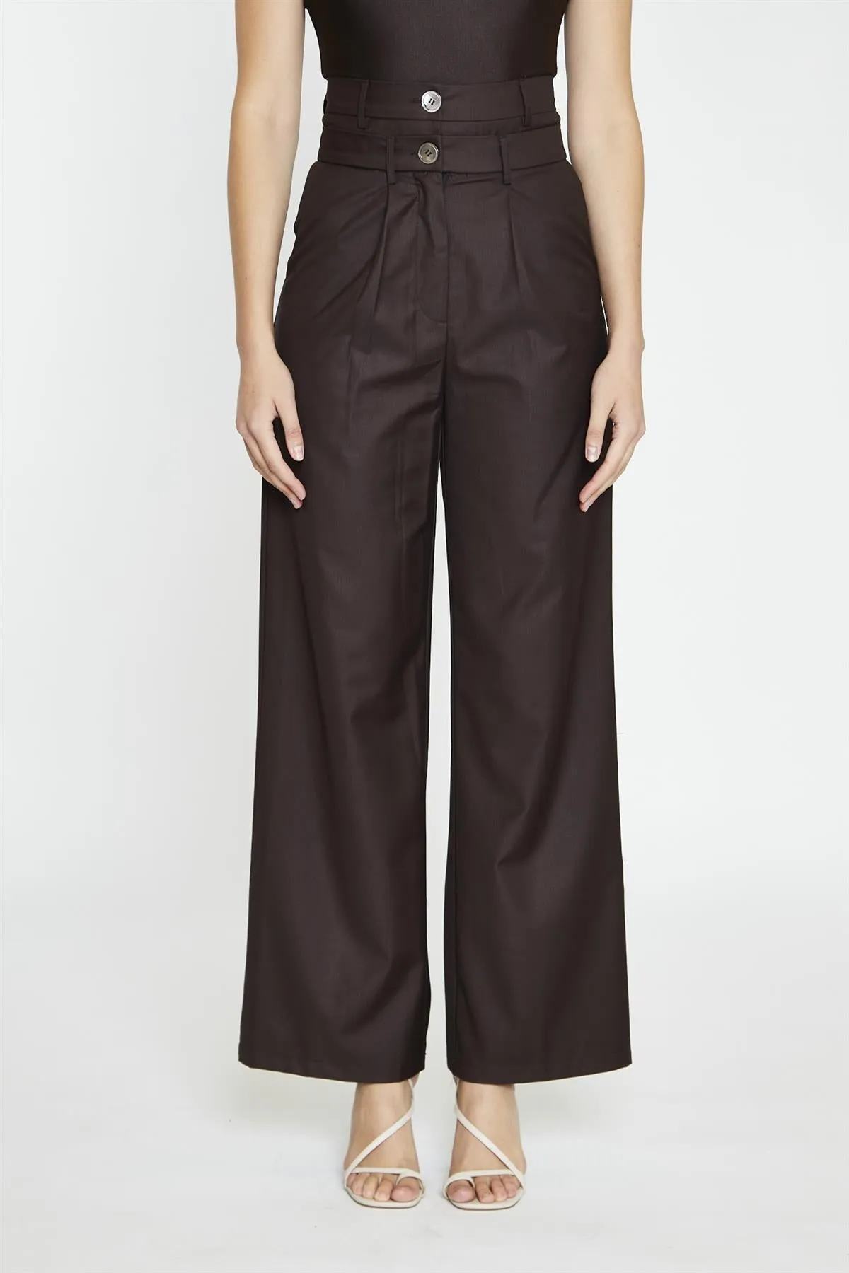 Dark-Brown Double Waisted Wide-Leg Trousers