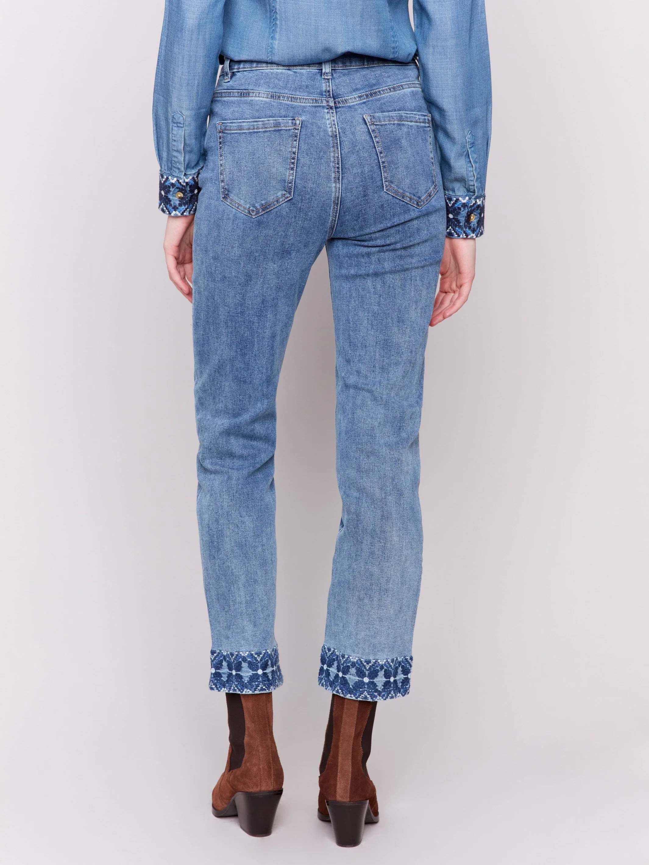 Embroidered Cuff Jeans - Medium Blue