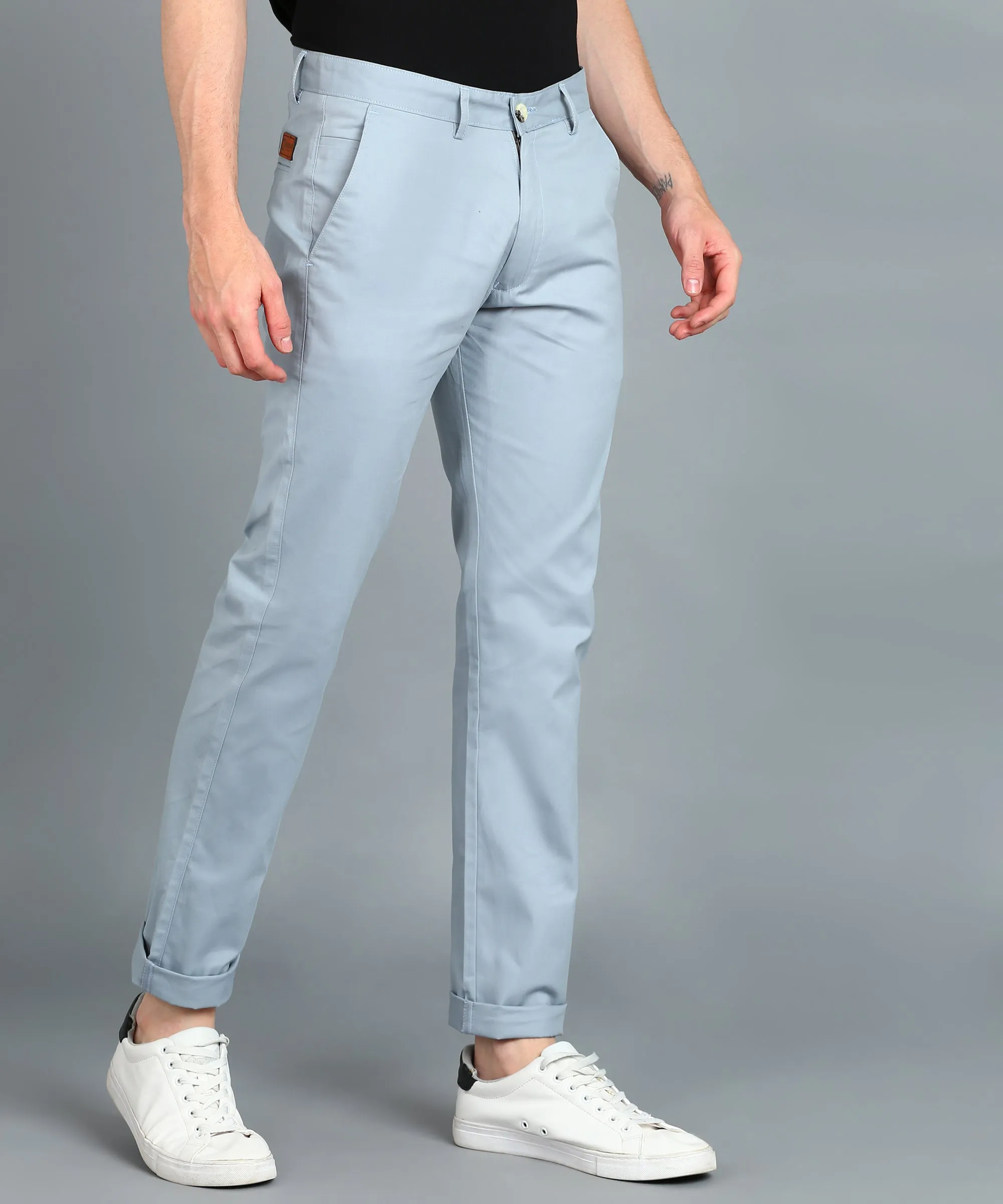 Men's Blue Cotton Light Weight Non-Stretch Slim Fit Casual Trousers