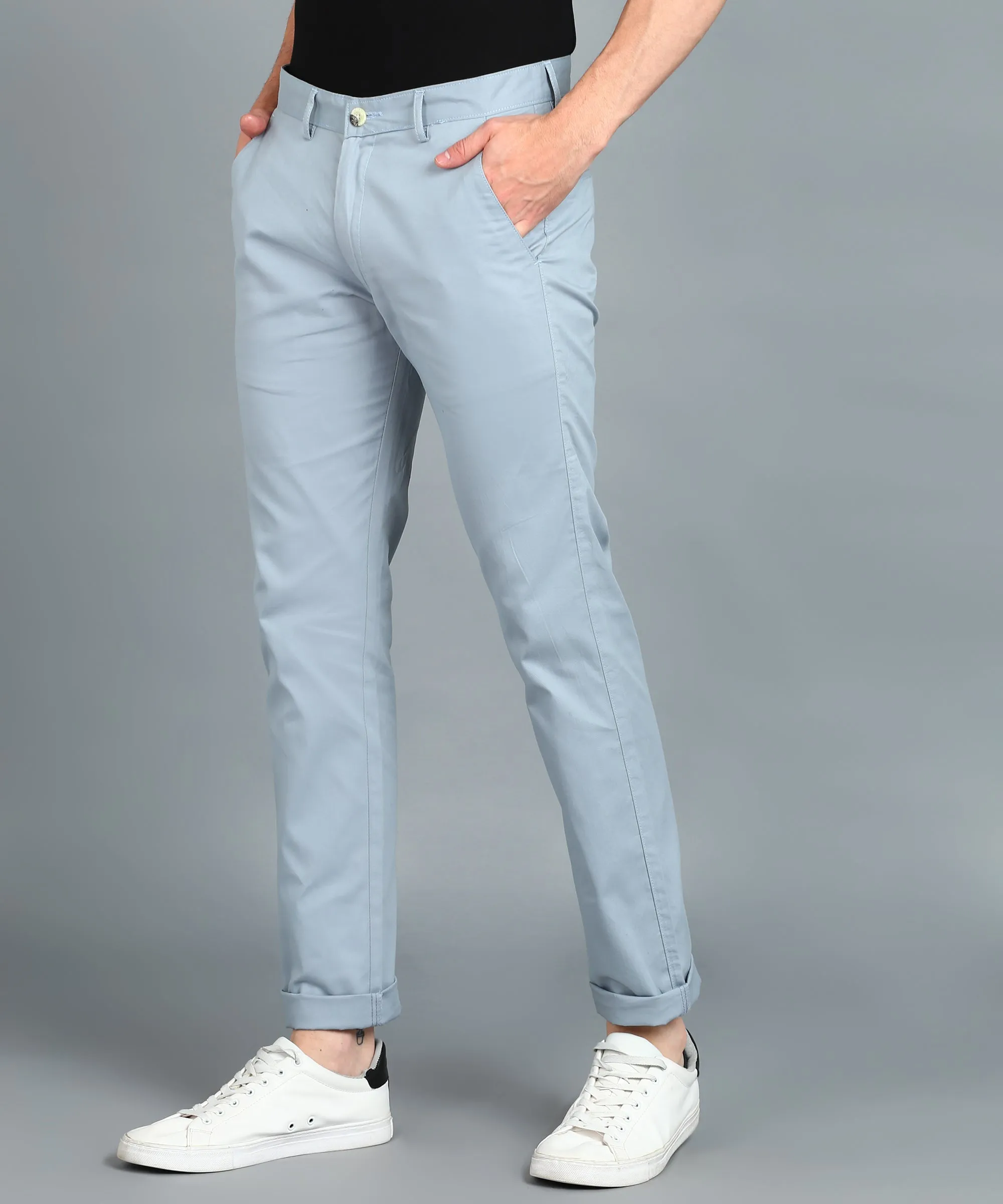 Men's Blue Cotton Light Weight Non-Stretch Slim Fit Casual Trousers