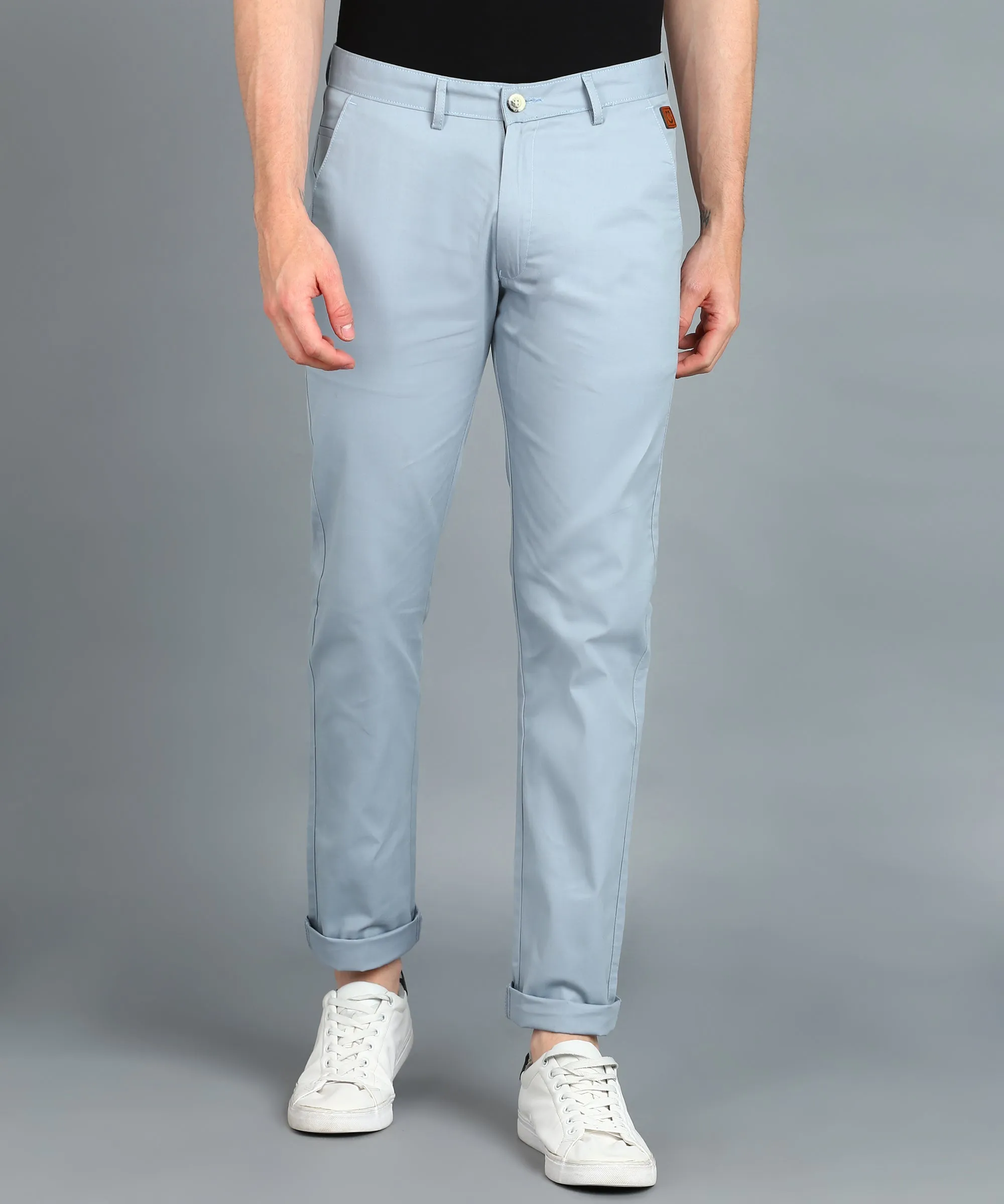 Men's Blue Cotton Light Weight Non-Stretch Slim Fit Casual Trousers