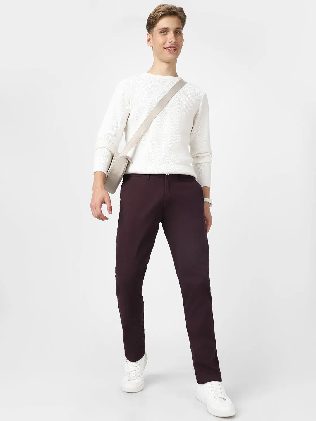 Men's Maroon Cotton Light Weight Non-Stretch Slim Fit Casual Trousers