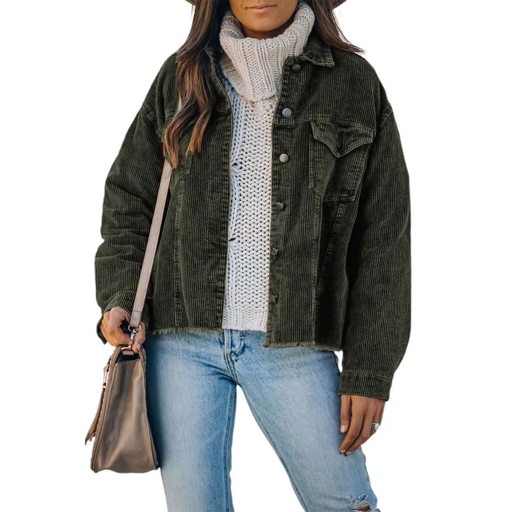 Ripped Hem Oversized Tan Corduroy Trucker Jacket Best Winter Cord Coat Womens