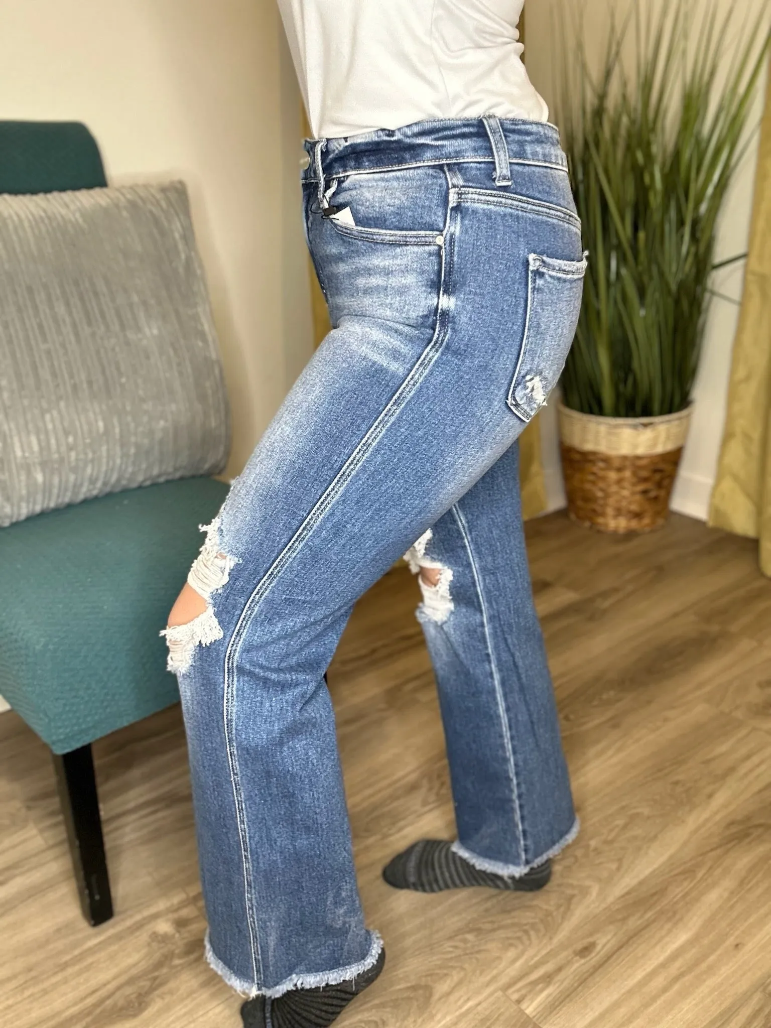 Risen Distressed Ankle Flare Jeans