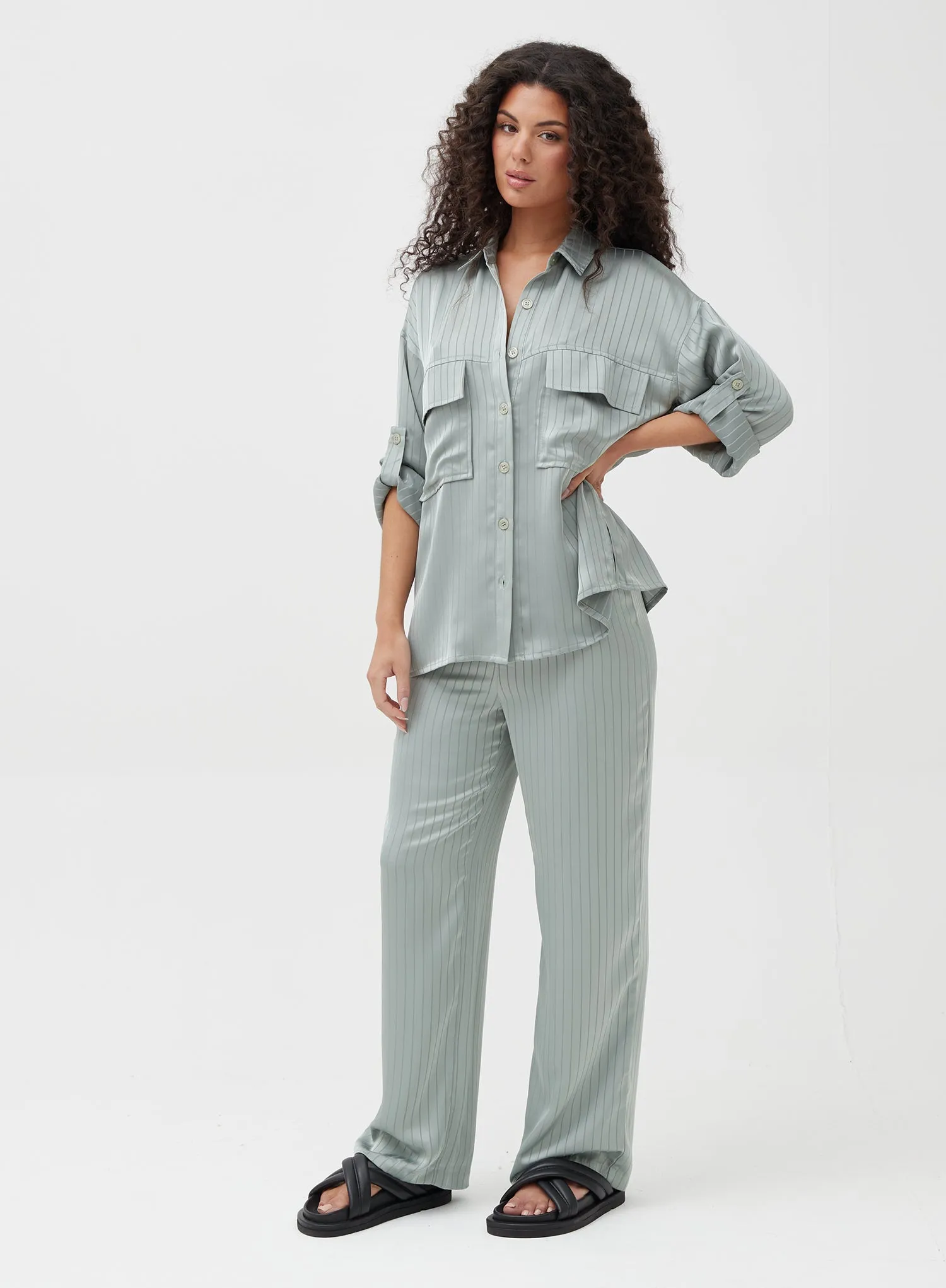 Sage Oversized Stripe Satin Shirt - Nia