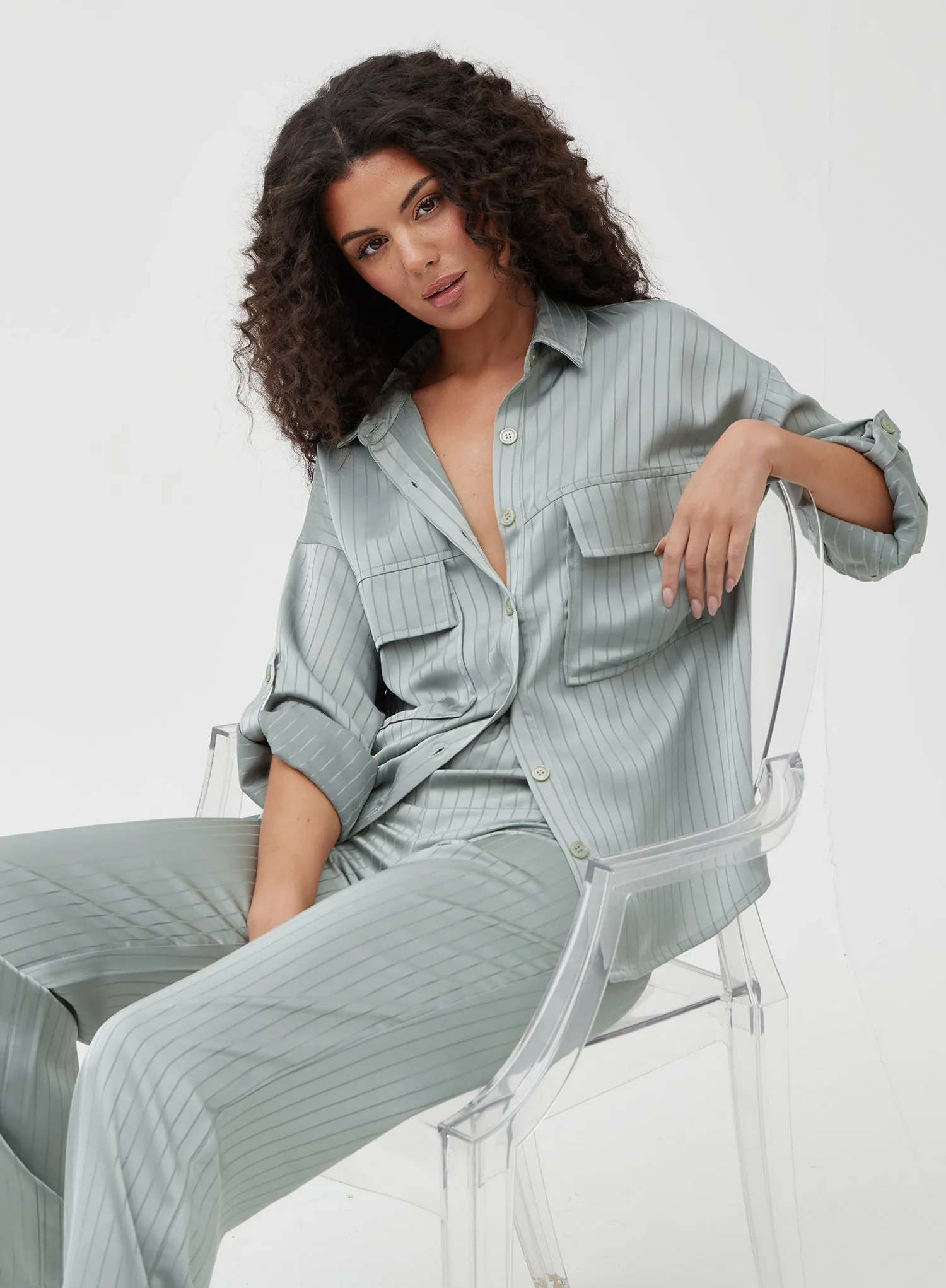 Sage Oversized Stripe Satin Shirt - Nia