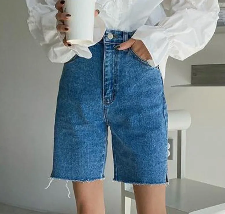 Women Denim Shorts | High Waist Button Short | Short Length Pocket Shorts | Streetwear Casual Shorts | Straight Denim Short | Wide Leg Short